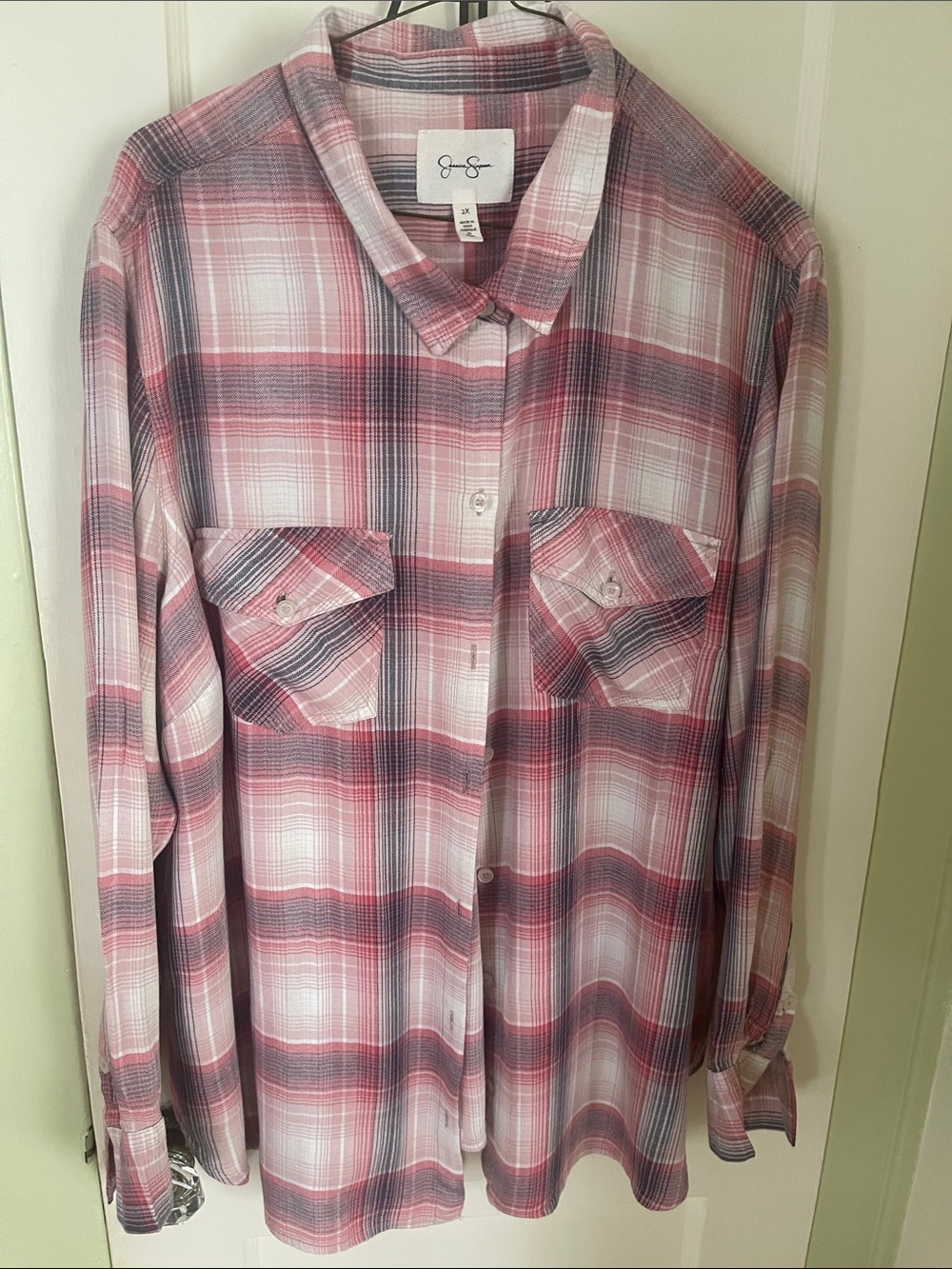 Plus Size Jessica Simpson Pink and Gray Plaid Button-Down Shirt